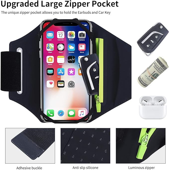 Detachable & 360° Rotatable Running Armband -with Reflective Strap Zipper Pocket & Earphone Bag for iPhone 16 15 14 Pro Max Plus Samsung Galaxy – Workout Exercise Phone Holder with Card Key Slot-StrideForce Fitness