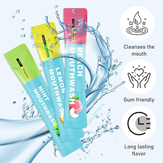 3 Flavors Mini Mouthwash Travel Size, Portable Individual Travel Mouth Wash for Fresh Breath, Refreshing Long Lasting Gentle Oral Care Mouthwash Packs(Pack of 60)