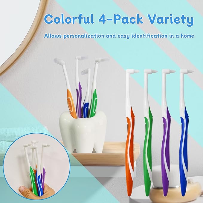 4-Pack Tuft Toothbrushes for Orthodontic Care, Interspace Tufted Brush with End-tuft Tapered Design, Soft Trim Bristles for Braces, Bridges, and Wisdom Teeth Gap, Dental Health Oral Care Tools