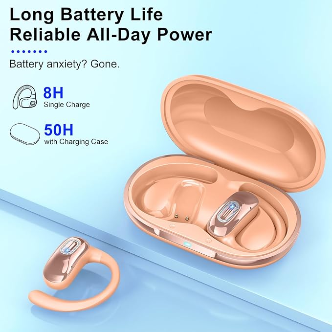Open Ear Headphones, Bluetooth 5.4 Earbuds, 50H, Air Conduction Ear buds, HD Stereo Bass Over Ear Earphones with Earhooks, Ultra-Comfort Secure Fit, IPX7 Waterproof Headset for Working Sports, Orange-StrideForce Fitness