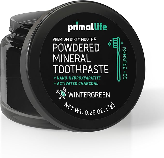 Primal Life Organics - Dirty Mouth Toothpowder, Activated Charcoal Tooth Cleaning Powder, Essential Oils Natural Kaolin Bentonite Clay, 60+ Brushings, Organic Vegan (Charcoal Wintergreen, 0.25 oz)