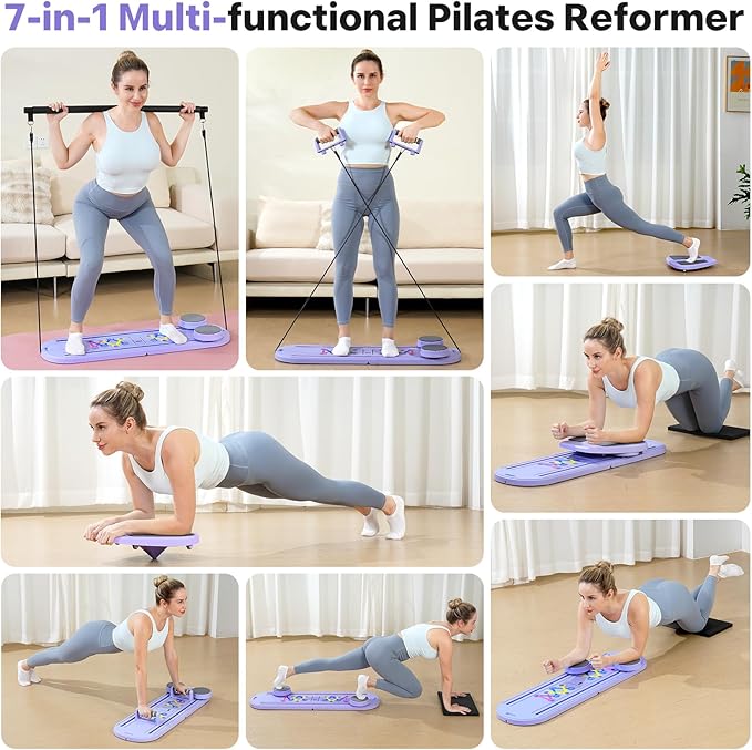 Pilates Board, Pilates Reformer Set, 7 in 1 Multifunctional Pilates Reformer Machine with Timer, Portable Foldable Pilates Board for Home Workout, Pilates Kit with Storage Bag-StrideForce Fitness