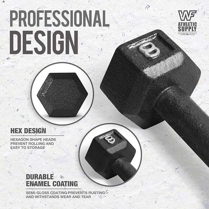 WF Athletic Supply Cast Iron Solid Hexagon Gray/Black Dumbbells, Strength Training Free Weights Set of 2 for Women and Men, Hand Weights Sold by Pairs, Multi-Select Size Options Available-StrideForce Fitness