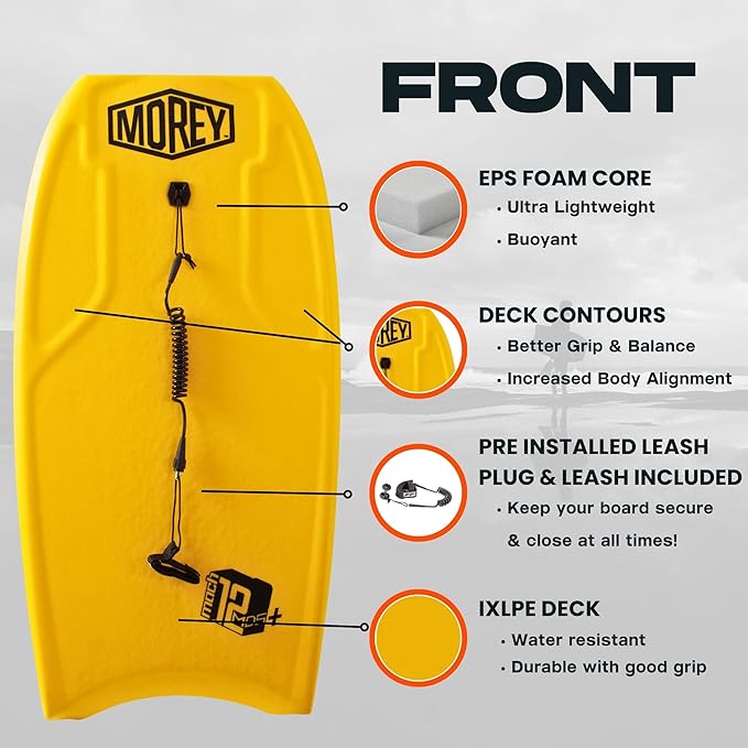 MOREY® Mach 12 MDS, 42.5" Bodyboard. Dynamic Speed Body Boards for Beach, for All Skill Levels, Embedded Fiberglass Stringer, with Coil Leash. Re-Engineered 2025 Model-StrideForce Fitness
