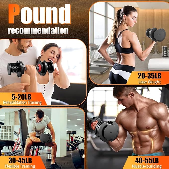 VEICK 25/55 lbs Adjustable Dumbbell with Anti-Slip Turning Handle, Fast Adjust Weight for Men Women, Exercise Equipment with Tray for Home Gym Full Body Workout Fitness-StrideForce Fitness