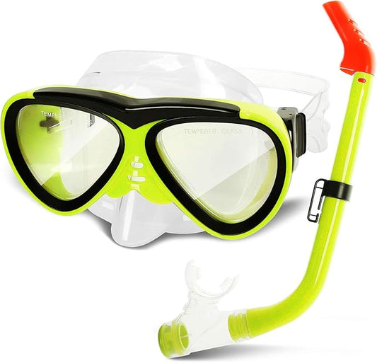 GreenLF Kids Snorkel Set, Anti-Fog Snorkeling Mask with Nose Covers for Youth Junior Child, Boys & Girls Age 5-12, Semi-Dry Diving Scuba Swimming Goggles Gear Packages-StrideForce Fitness