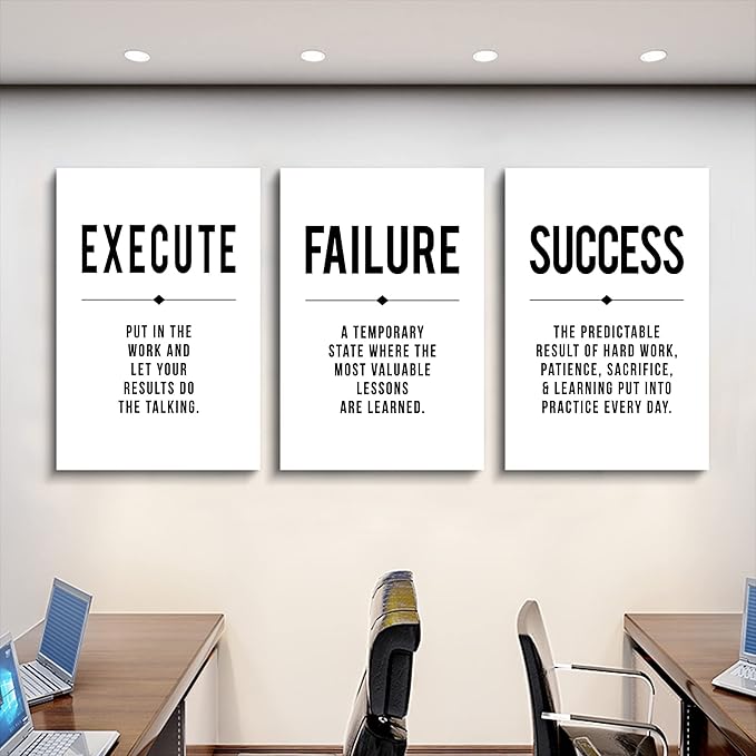 Framed Canvas Wall Art Success Quote, Office Wall Art, Black Large Poster, Positive Motivational Set of 3 Prints, Execute Failure Definition, Inspirational Print (D-3pcs,20x30inchx3pcs)-StrideForce Fitness