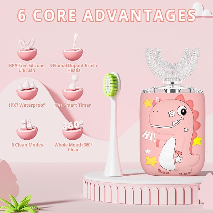 Kids Electric U Shaped Toothbrush,Kids Dinosaur Sonic Full Mouth Toothbrush with 4 Soft Brush Head Automatic 6 Cleaning Modes IPX7 Waterproof 360 Degree Cleaning - Age2-7 Pink