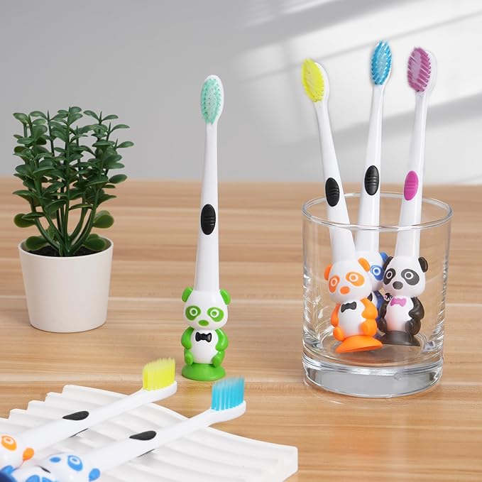 100 Pack Kids Toothbrush Bulk Soft Bristles Toddler Toothbrush with Suction Cup, Lovely Includes Travel Covers, Individually Wrapped Toothbrushes for Kid Home School Daycare Camp (Panda)