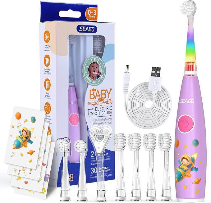 SEAGO Kids Electric Toothbrush Rechargeable with Smart Timer, LED Observing Light & DIY Stickers for Toddlers Ages 2-4, Soft Bristles for Oral Care, USB Charging (Pink)