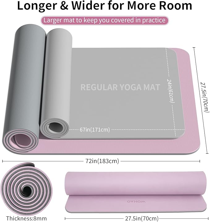 Extra Thick 8mm Yoga Mat, 72"x28" Non Slip Exercise Mat, Reversible 2-Sided Dual Color Premium POE Material, with Carrying Strap for Yoga, Pilates, Home Gym-StrideForce Fitness