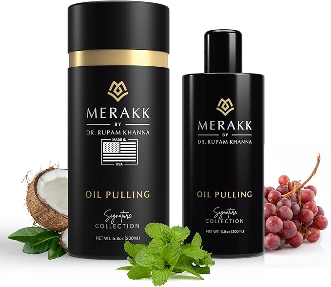 Merakk Coconut Oil Pulling Whitening Mouthwash for Teeth & Gums | Doctor Formulated | Natural Ayurvedic Oil, Clove & Grape Seed Oil - Oral Rinse - 6.8oz