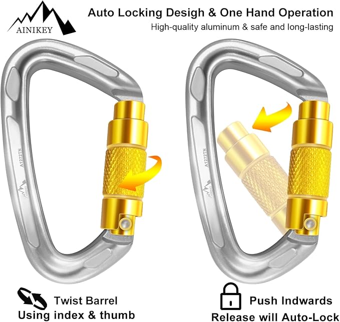 Climbing Carabiner Clips 25kN Auto Locking Carabiner, Professional Heavy Duty Large Locking Carabiner Clips for Rock/Ice Climbing Rappelling Rescue Swing etc, D Shaped, Large Size-StrideForce Fitness