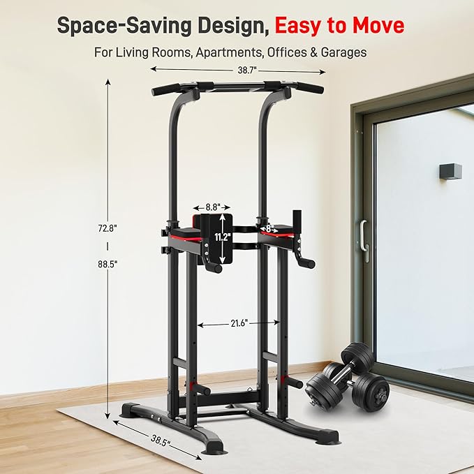 Outdoor Basic Power Tower Max Pull Up Bar and Dip Station - Heavy Duty 1600LBS Weight Capacity, Reinforced Steel Frame for Maximum Stability, Multi-Function Home Gym Equipment with Adjustable Height for Strength Training Fitness-StrideForce Fitness