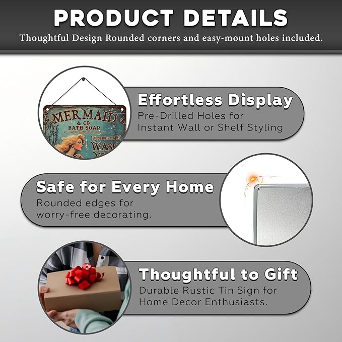 Retro Mermaid Tin Sign Wash Your Tail Vintage Metal Poster Funny Bath Soap Wall Art Toilet Bathroom Man Cave Bar Cafe Indoor Living Room Garage 12 * 8inch-StrideForce Fitness