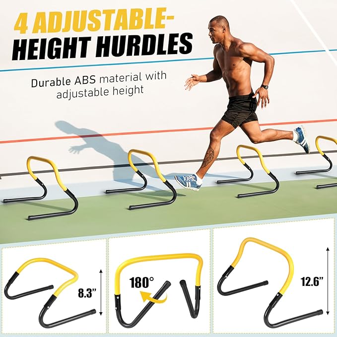 Soccer Training Equipment, Agility Speed Training Set with 20ft Speed Ladder, 12 Cones, 4 Adjustable Hurdles, Jump Rope, Parachute | Ideal for Basketball, Football Practise, for Kids, Youth, Adults-StrideForce Fitness