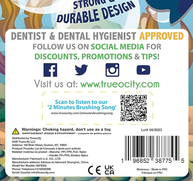 Trueocity Kids Toothbrush 6 Pack - Soft Contoured Bristles - Child Sized Brush Heads (3-10 Year Old) - Suction Cup for Fun & Easy Storage - Girl & Boy Set (6-Pack, Blue & Orange)