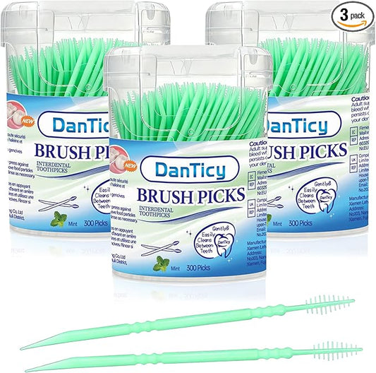 Brushpicks Interdental Toothpicks,Soft Bristle Dental Floss Picks Toothpicks,Helps Removes Plaque and Debris Between Your Teeth, Mint, 900PCS (Pack of 3)