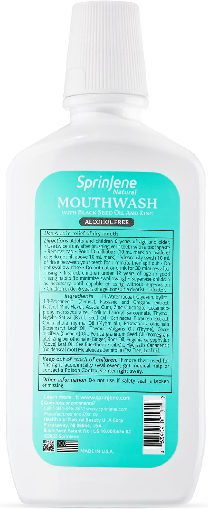 SprinJene Alcohol Free Mouthwash with Xylitol – Fluoride Free Natural Mouthwash for Dry Mouth, Whitening & Fresh Breath – Patented Black Seed Oil & Zinc Formula – Vegan & Made in The USA (2 Pack)