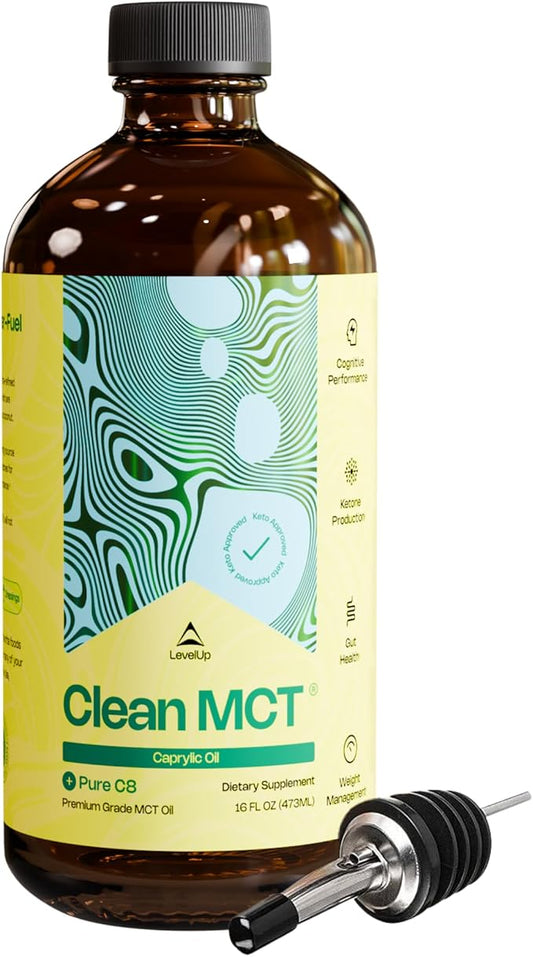 LevelUp Clean MCT Oil - 100% Caprylic C8 for Energy, Focus, Weight Management, Gut Health, Brain Superfuel - Keto Supplement for Ketogenic Coffee and Ketones - Non-GMO (16 oz Glass Bottle)-StrideForce Fitness
