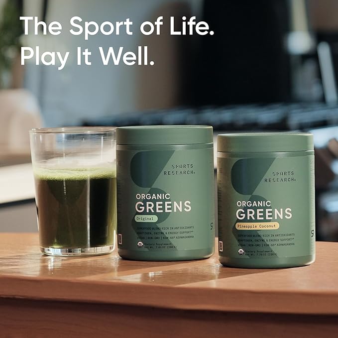 Sports Research® Organic Greens Superfood Powder w/Spirulina & Chlorella, Adaptogens, Enzymes, Probiotics & 8 VIT Bs for Gut & Mood Support* - Vegan, Sugar-Free & Low-Cal Original 20 Servings-StrideForce Fitness