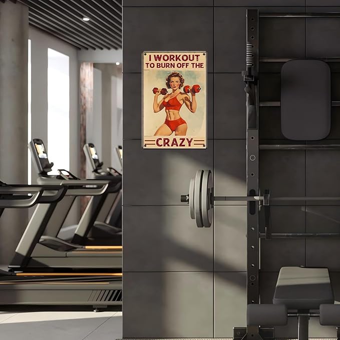 Vintage Girl Gym Tin Sign I Workout to Burn off The Crazy Retro Fitness Wall Decor Nostalgic Art Funny Workout Room Inspirational Metal Poster Store Cafe Pubs Bedroom Bathroom 12 * 8inch-StrideForce Fitness