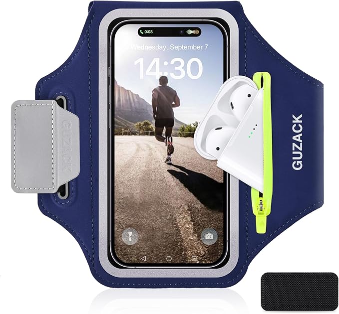 GUZACK Running Armband, Running Phone Holder with Key Pockets & Card Slot for iPhone 15 14 13 12 11 Pro Max Plus, Galaxy S24 S23/S22/S21 Fit Up to 6.9 Inches, Navy Blue Green Zipper-StrideForce Fitness
