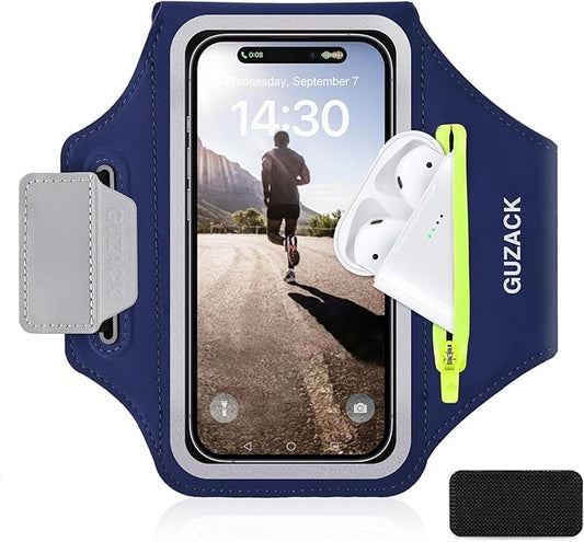 GUZACK Running Armband, Running Phone Holder with Key Pockets & Card Slot for iPhone 15 14 13 12 11 Pro Max Plus, Galaxy S24 S23/S22/S21 Fit Up to 6.9 Inches, Navy Blue Green Zipper-StrideForce Fitness