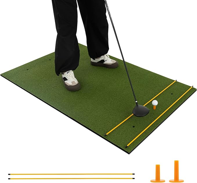 Tangkula Golf Hitting Mat, Artificial Turf Mat for Indoor/Outdoor Golf Practice Includes 2 Rubber Tees & 2 Alignment Sticks, Golf Training Mat for Home Backyard Garage-StrideForce Fitness