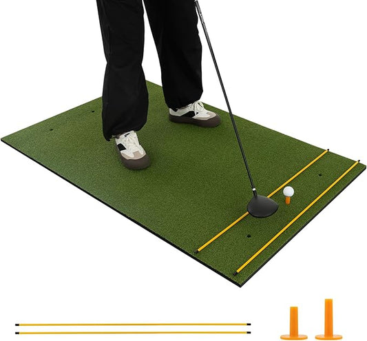 Tangkula Golf Hitting Mat, Artificial Turf Mat for Indoor/Outdoor Golf Practice Includes 2 Rubber Tees & 2 Alignment Sticks, Golf Training Mat for Home Backyard Garage-StrideForce Fitness