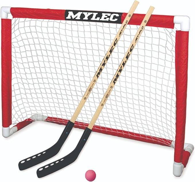 MyLec Deluxe Hockey Set, with 1 Hockey Goal, 2 43" Hockey Sticks & 1 Soft Ball, Sleeve Netting System, PVC Tubing Net, Lighweight & Durable, Enhanced Grip, Pre-Curved Mini Hockey Stick (Red/White)-StrideForce Fitness