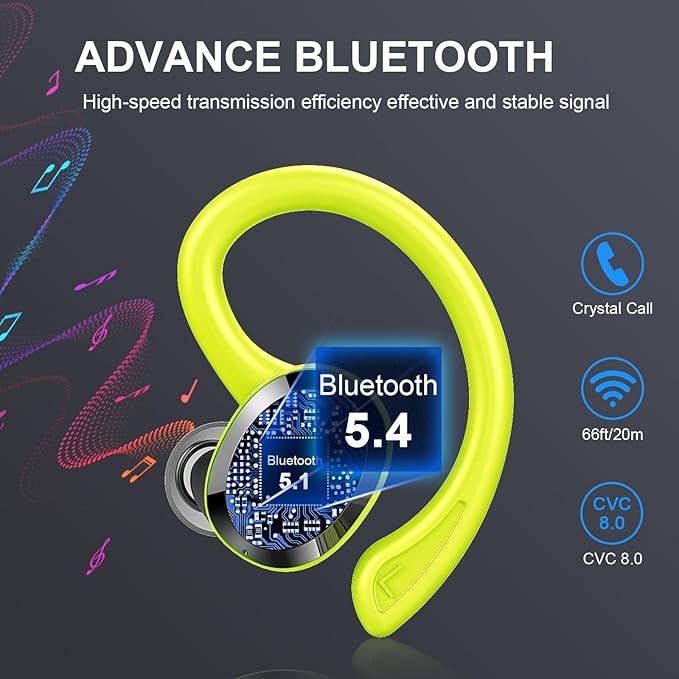 Wireless Earbud, Bluetooth 5.4 Headphones IP7 Waterproof for Sport, 48H Running Wireless Earphones with ENC Noise Cancelling Mic, Deep Bass Over Ear bud with Earhooks for Android, iOS, Workout, Green-StrideForce Fitness