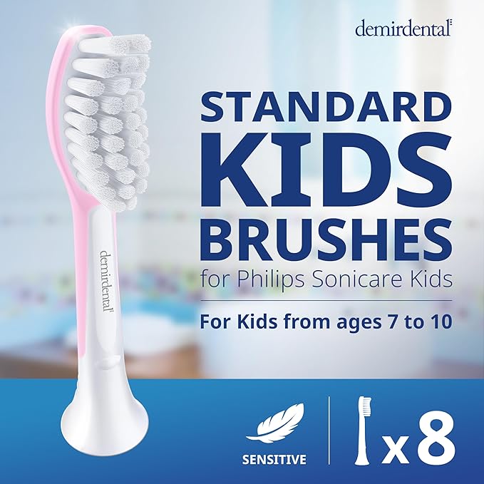 demirdental Kids Toothbrush Heads Compatible with Philips Sonicare Kids Toothbrush Heads - Replacement Heads Sensitive - Brush Heads from Ages 7 to 10 - Pink - Replaces HX6048-8 Pack
