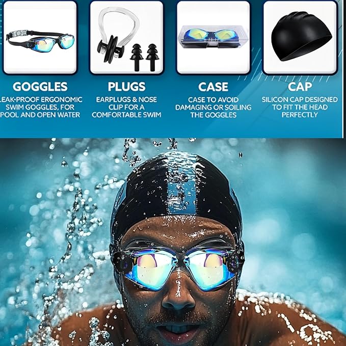Swim Goggles Swimming Goggles No Leaking with Nose Clip, Earplugs, Swim Cap and Case for Men Women-StrideForce Fitness