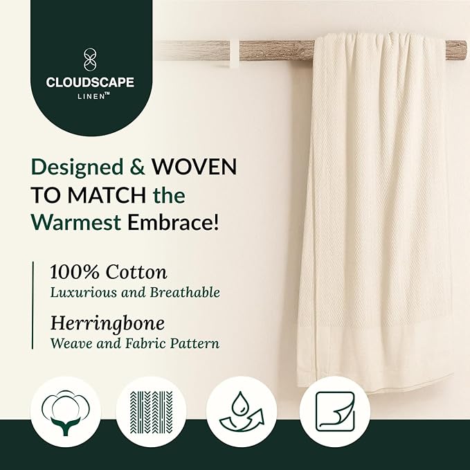 Cloud Scape Linen 100% Cotton Queen Size Blanket, Herringbone Pattern, Lightweight Summer Blanket,Best Gifts for Women, fits Full Size Bed, 92 x 92, Ivory-StrideForce Fitness