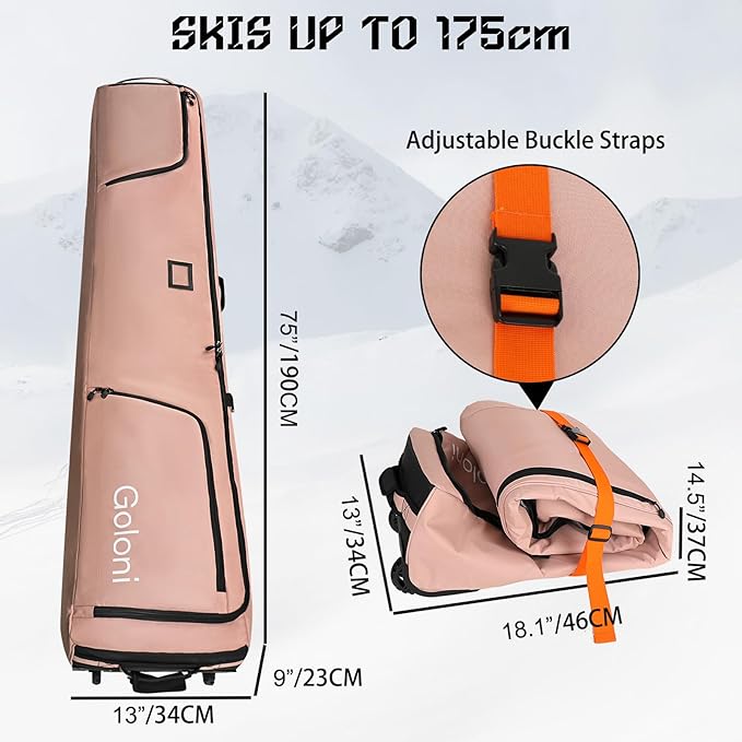Goloni Ski Bag with Wheels,Padded Snowboard Bag for Air Travel,600D Waterproof Fabric,Foldable Snow Bag Fits 2 Pairs Skis-StrideForce Fitness