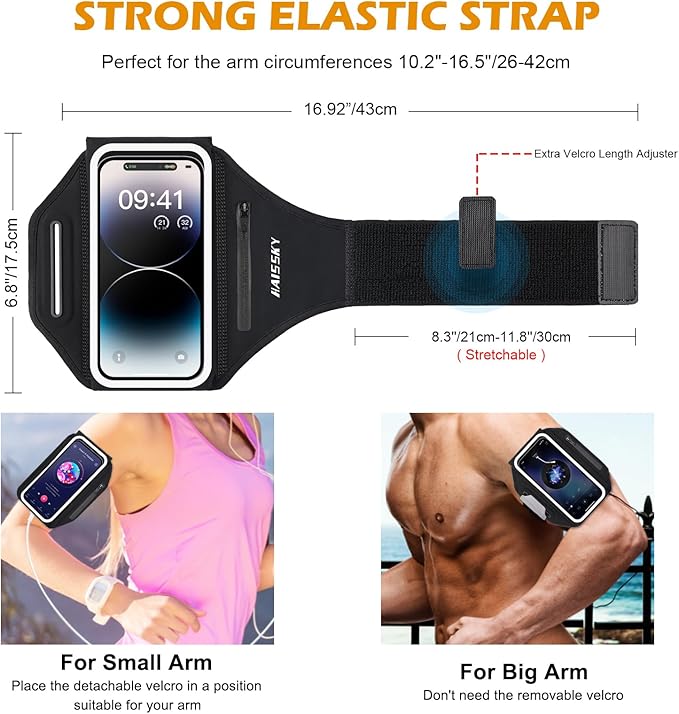 Running Armband with Earphone Bag Cell Phone Armband for iPhone 16 15 Pro 14 Plus 13 11 XR XS, Galaxy S24/S10 Water Resistant Sports Phone Holder Case & Zipper Slot Car Key Holder for 6.9 inch Phone-StrideForce Fitness