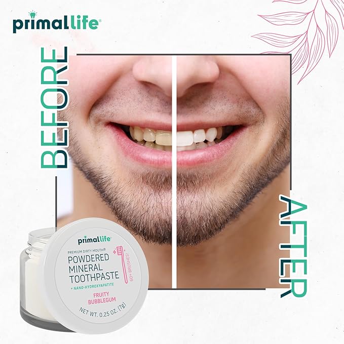 Primal Life Organics - Dirty Mouth Toothpowder, Tooth Cleaning Powder, Flavored Essential Oils with Natural Kaolin & Bentonite Clay, Good for 60+ Brushings, Organic, Vegan (Sweet Bubblegum, 0.25 oz)