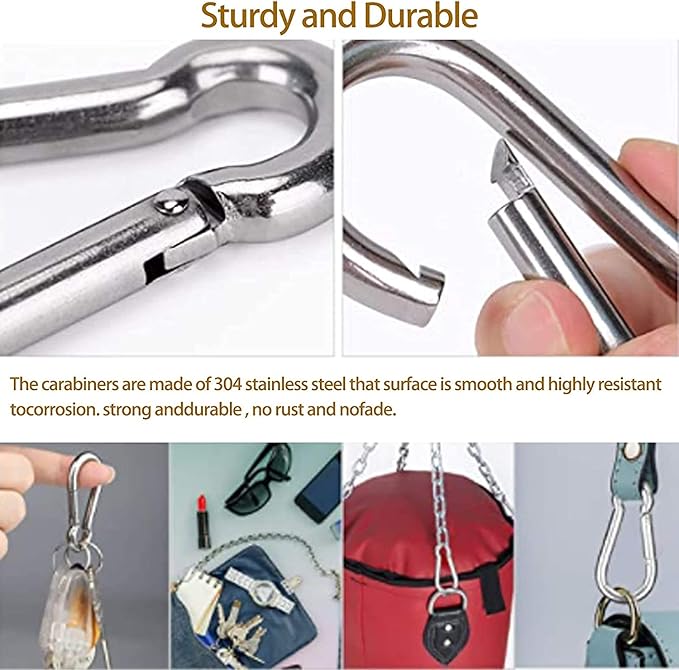 3 Inch Carabiner Spring Snap Hook Steel Clip Link Buckle Heavy Duty 8x80mm 10 Pcs for Outdoor Camping Hiking Hammock Swing, White-StrideForce Fitness