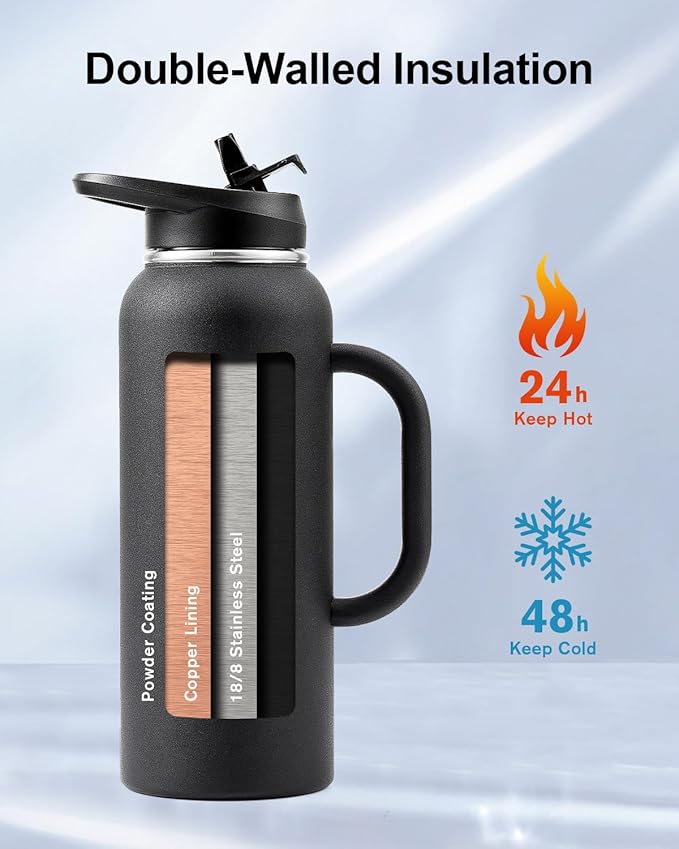 Trebo 40oz Water Bottle Insulated with Handle, Stainless Steel Metal Large Jug,Travel Flask with Straw Spout Lid,Mug Tumbler Cup with Carry Pouch,Keep Cold Hot, Indigo Black-StrideForce Fitness