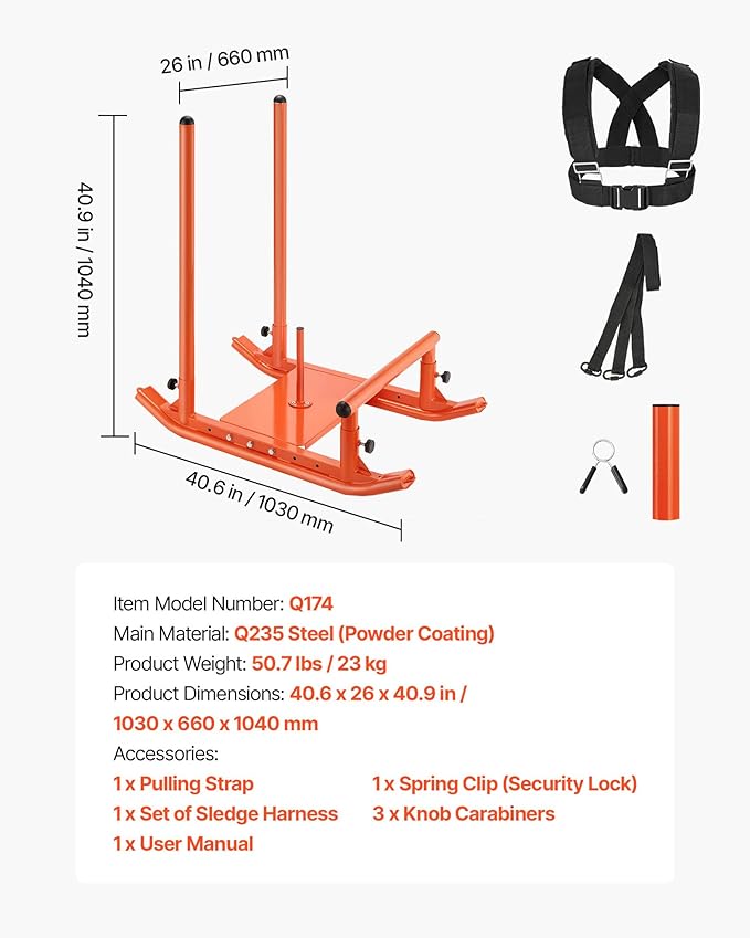 VEVOR Weight Sled, Steel Power Sled, Fitness Strength Training Sleds for Athletic Exercise Speed Improvement, Workout Fitness Equipment with Handle, Compatible with 1/2 in Weight Plates, Orange-StrideForce Fitness