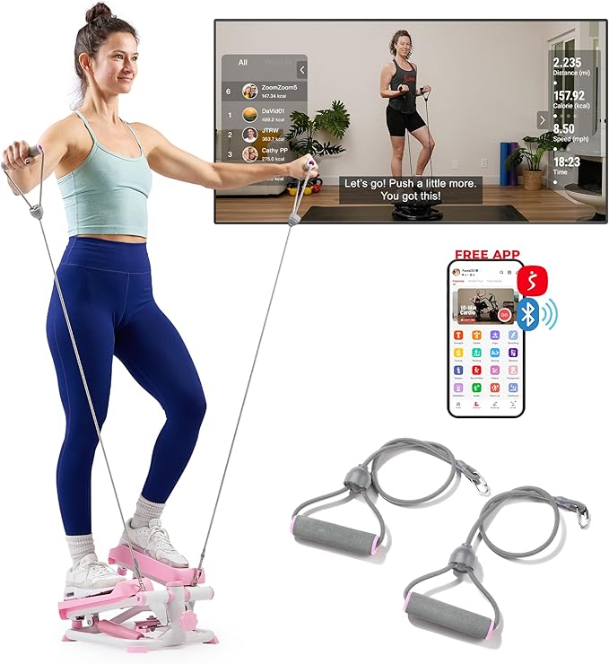 Sunny Health & Fitness Mini Stepper for Exercise at Home, Stair Step Workout Machine with Resistance Band and Over 300lb Weight Capacity, Optional Twist Motion and Free SunnyFit App Connection-StrideForce Fitness