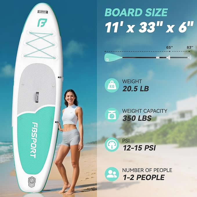FBSPORT 11FT Premium Inflatable Stand Up Paddle Board with Electric Pump, Yoga Board with SUP Accessories & Carry Bag | Wide Stance, Surf Control, Non-Slip Deck, Leash and Paddle for Youth & Adult-StrideForce Fitness