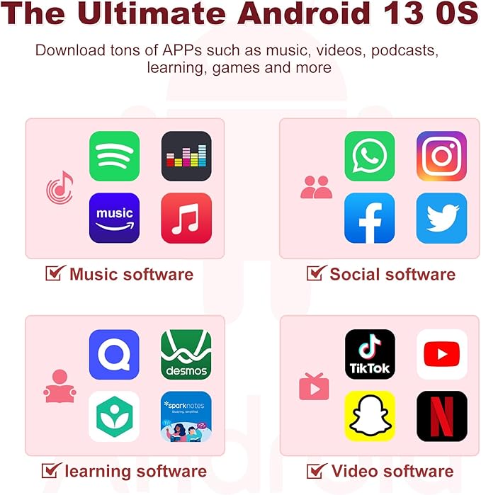 144GB MP3 Player with Bluetooth WiFi, Android 13 OS MP3 MP4 Player with 4" Touchscreen and Speaker, MP3 Music Players with Spotify, Audible, Amazon Music, Play Store (Pink)-StrideForce Fitness