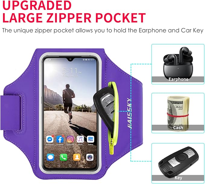 Running Armband with Earphone Bag Cell Phone Armband for iPhone 16 15 Pro 14 Plus 13 11 XR XS, Galaxy S24/S10 Water Resistant Sports Phone Holder Case & Zipper Slot Car Key Holder for 6.7 inch Phone-StrideForce Fitness