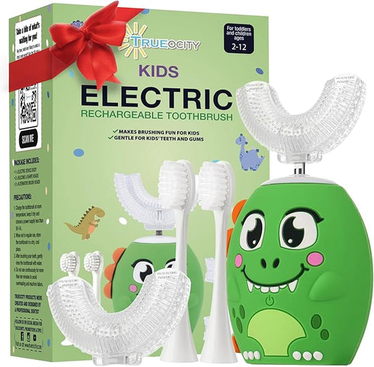 Trueocity Kids U Shape Toothbrush Auto Electric Toddler Rechargeable Kids Automatic Toothbrush | 360° U-Shaped Silicone Brush Head | Gentle Cleaning for Ages 2–7 | Dinosaur Design (Green)