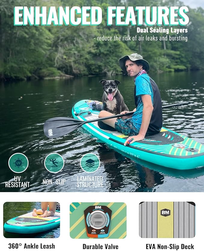 BM Paddle Board Inflatable Stand Up Paddle Board, SUP Paddleboard for Adult, Premium Accessories | Non-Slip EVA Deck & Foam Handles, Camera Mount, Double Action Pump, 85L Travel Backpack-StrideForce Fitness