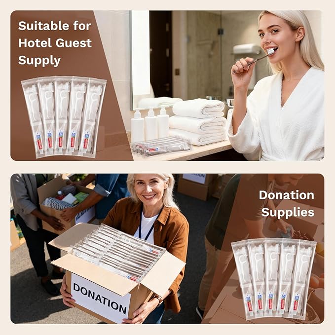 Disposable Toothbrushes with Toothpaste, Travel Toothbrush Kit, Individually Packaged, Brown, with Floss Picks, Suitable for Hotel, Home, Camping, Travel (100-PACK)
