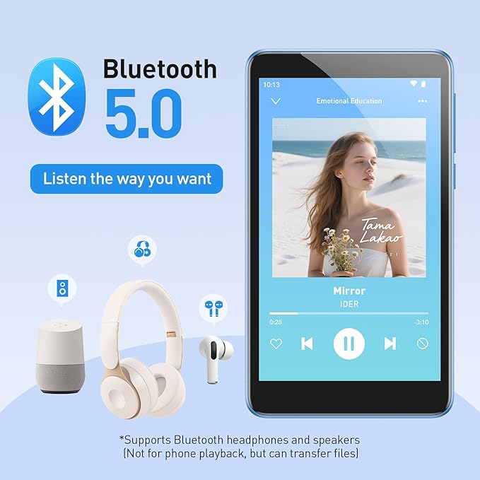 AGPTEK 96GB MP3 Player with Bluetooth and WiFi, T08X 4'' Android 14 MP4 Music Player with Spotify, Audible, APP Store, Up to 1TB, Blue-StrideForce Fitness