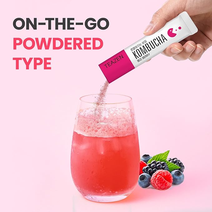 TEAZEN Berry Kombucha Tea, Hydration Drink Mix, Sugar Free, Live Probiotics & Prebiotics, 30 Sticks, 5.29oz-StrideForce Fitness